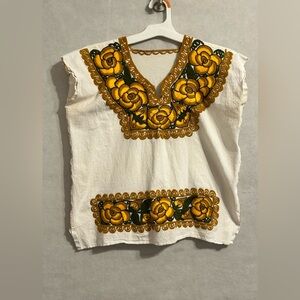 Mexican Huipil Hand-Embroidered Floral cream top traditional ethnic blouse SZM